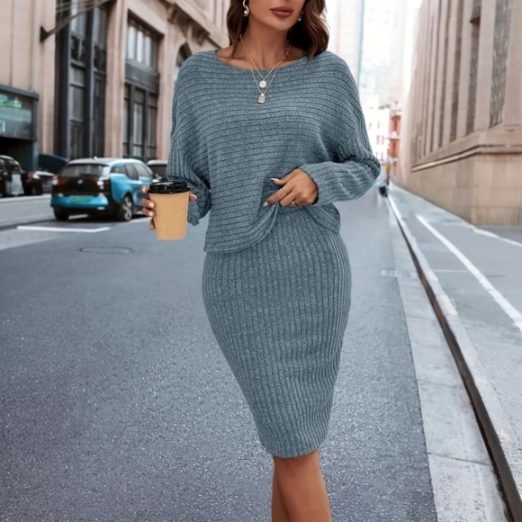 Elegant Solid Color Skirt Set Sea Blue - Picture 4 of 4